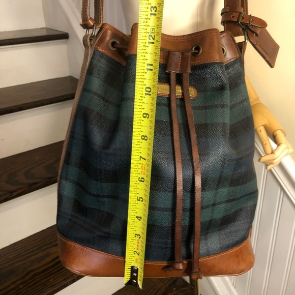 RALPH LAUREN Black Watch Plaid LRG Leather Canvas Drawstring Bucket Shoulder Bag - Picture 15 of 17